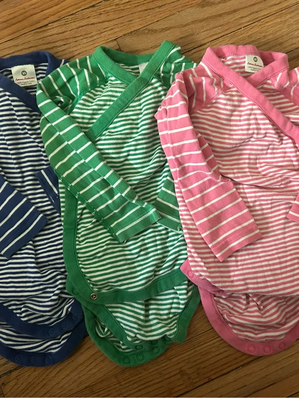 Hanna Andersson Striped Kimono Onesie tops in Pink, Green, Navy (3-Pack)